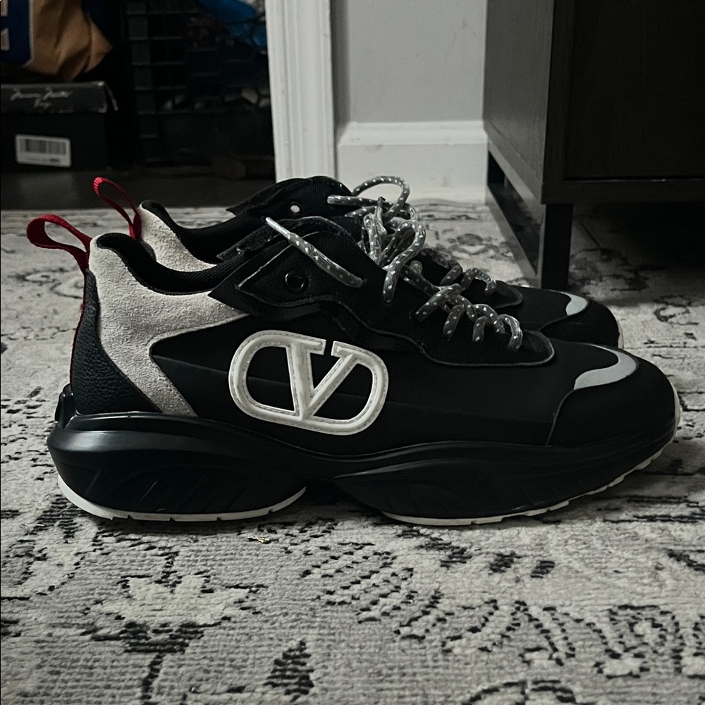 Valentino Men's Black and White Sneakers with Red Accents